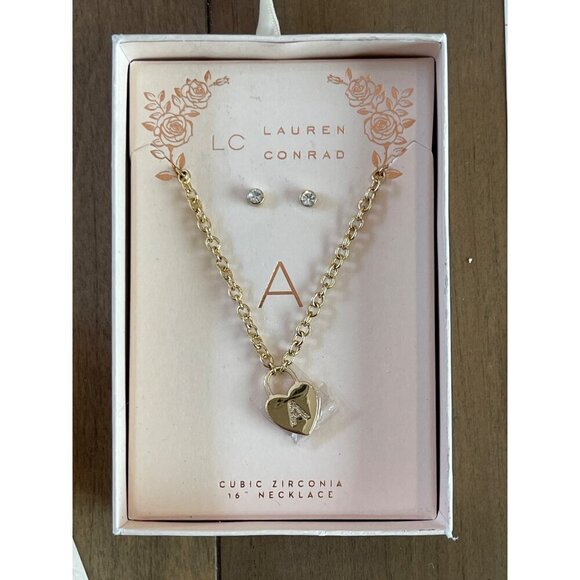 Lauren Conrad Cubic Zirconia Heart Necklace & Earrings A Initial Gold Tone 16" - Picture 5 of 9